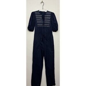 Sea New York Jumpsuit Embroidered Size 00 Blue Tie Smocked Short Sleeve Womens